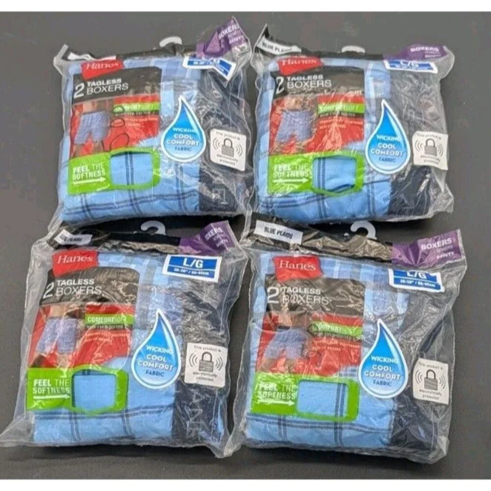 Lot 4x Hanes 841VTY Cool Comfort Tagless Boxers (Qty 8) LG Blue Plaid 36-38